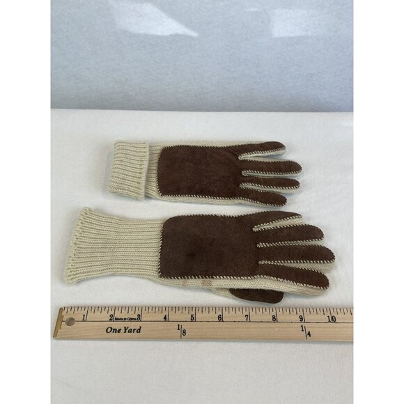 Vintage Suede And Knit Gloves Mittens Beige Cream Brown - Picture 10 of 10